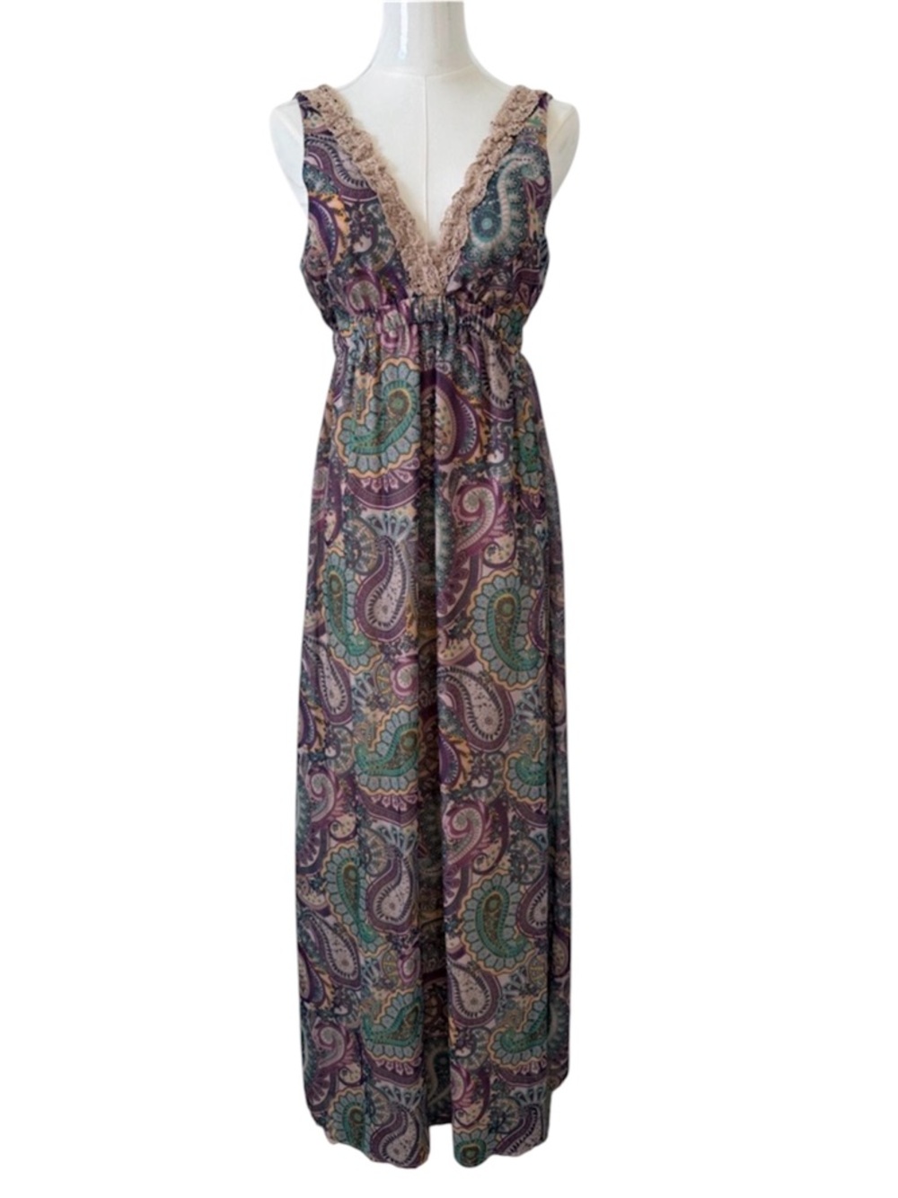 Eyelash Couture Women's Paisley Lace-Trim Maxi Dress in Green & Purple Size M